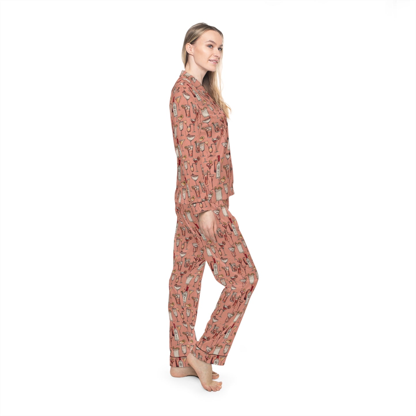 "Happy Hour" Cozy Women's Satin Pajamas Set - Perfect for Sleep, Lounging, and Gifts, Stylish Sleepwear, AOP Cactus Print, Relaxation, Self-Care
