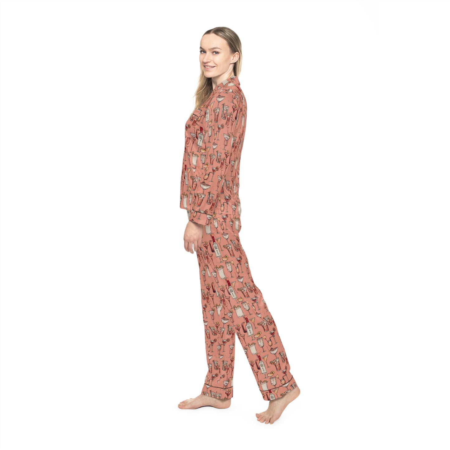 "Happy Hour" Cozy Women's Satin Pajamas Set - Perfect for Sleep, Lounging, and Gifts, Stylish Sleepwear, AOP Cactus Print, Relaxation, Self-Care
