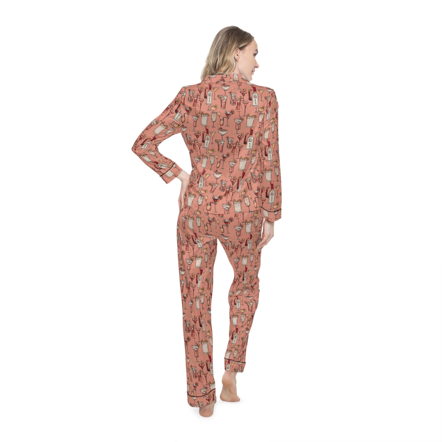 "Happy Hour" Cozy Women's Satin Pajamas Set - Perfect for Sleep, Lounging, and Gifts, Stylish Sleepwear, AOP Cactus Print, Relaxation, Self-Care