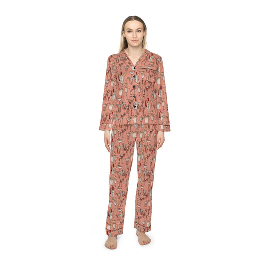 "Happy Hour" Cozy Women's Satin Pajamas Set - Perfect for Sleep, Lounging, and Gifts, Stylish Sleepwear, AOP Cactus Print, Relaxation, Self-Care